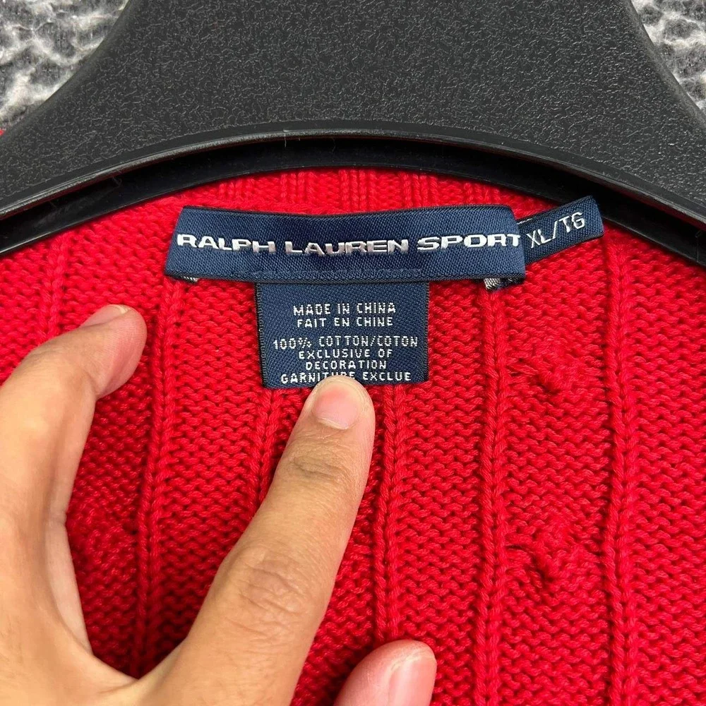 Ralph Lauren Sport Sweater Women XL Red Cable Knit V-Neck Cotton Long Sleeve